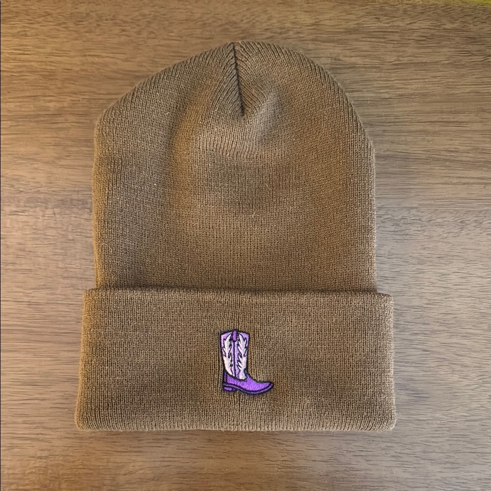 Brown Beanie with Purple Boot Embroidery